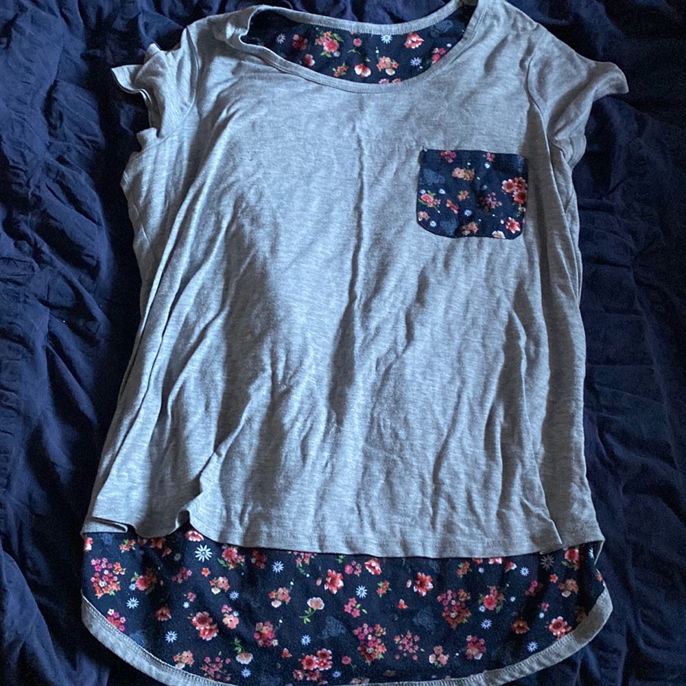 Gray and blue floral pattern shirt